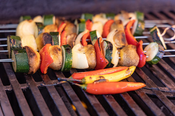 BBQ mit Schaschlik und Pepperoni am Grill Rost