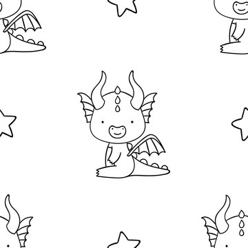 Simple seamless pattern, black and white cute kawaii hand drawn dragon doodles, coloring pages