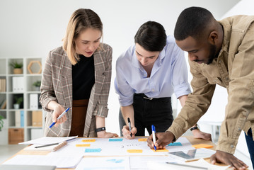 Multi-ethnic marketing specialists standing around table and adding new ideas on creative plan board