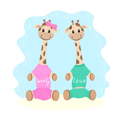 Cute giraffe babies. Giraffe girl and giraffe boy. Cute tiny family. Cartoon vector illustration. Suitable for baby t-shirt, baby clothes, greeting card, pajamas and games room, baby shower. kids
