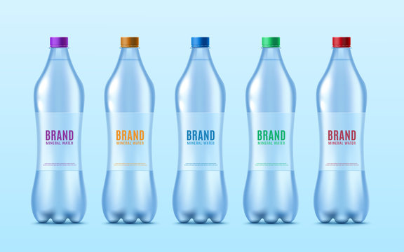 Water bottles set with labels for brand identity realistic vector illustration.