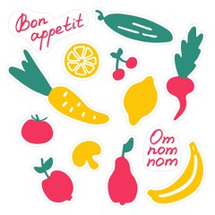 Set of stickers of delicious food. Variety of dishes. Hand-drawn icons. Inscription Bon appetit.