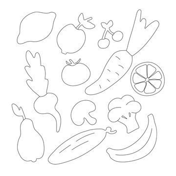 Vegetables and fruits for children. Hand-drawn icons. Coloring book for kids.
