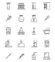 20 laboratory equipment outline icon vector illustration set.