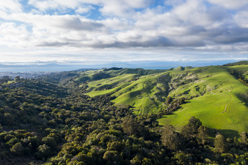 Clouds drift above the bucolic hillside scenery in the East Bay of Northern California. This beautiful region is green in the winter and golden in the summer due to seasonal rainfall patterns.