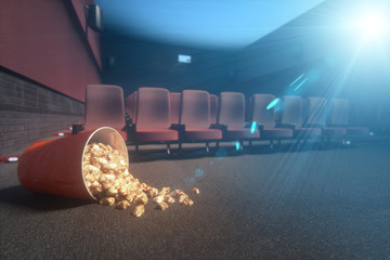 a fallen bucket of popcorn in an abandoned movie   theater, during the epidemic of the coronavirus   3d render