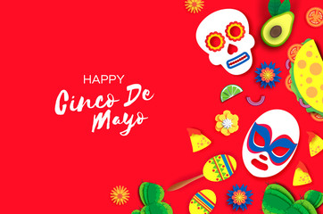Cinco De Mayo Banner. Mexican skull and luchador mask in paper cut style. Nachos, Tacos. Flowers and succlents. Maracas. Red background. Space for text.