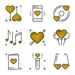 Love icons in gold. Heart shape vector illustration. Love couple, relationship, dating wedding, romantic, amour concept theme. Unique Valentine day elements.