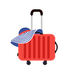 Red Travel Suitcases. Woman summer hat. Time to Travel. Trip to World. Vacation. Holidays. Travel banner. Front view. Modern flat design