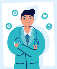 professional doctor with medical set icons