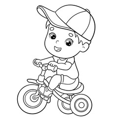 Coloring Page Outline Of a cartoon boy riding a Bicycle or bike. Coloring book for kids