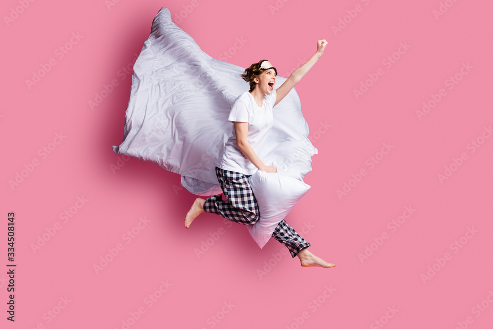 Canvas Prints Full body profile photo of funny lady jump high pillow between legs blanket flight moving ahead wear sleep mask white t-shirt plaid pajama pants barefoot isolated pink color background