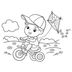 Coloring Page Outline Of cartoon boy riding a Bicycle with a kite. Coloring book for kids