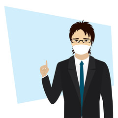 Cartoon businessman with protective mask on face. Asian male character with finger raised up. Banner with place for text.