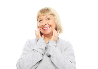 lifestyle, emotion and people concept: old nice beautiful surprised woman. Isolated over white background.