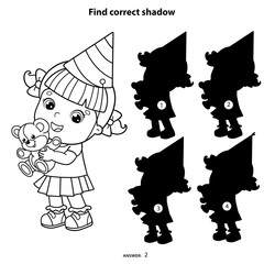 Puzzle Game for kids. Find correct shadow. Coloring Page Outline Of cartoon girl with a teddy bear at the holiday. Birthday. Coloring book for children.