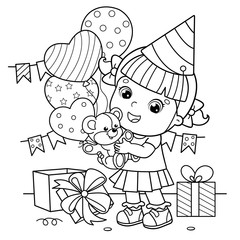 Coloring Page Outline Of a cartoon girl with a balloons and with with a teddy bear at the holiday. Birthday. Coloring book for kids