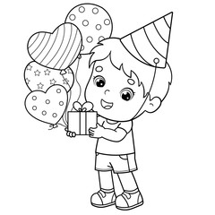 Coloring Page Outline Of a cartoon boy with gift and balloons. Birthday. Coloring book for kids
