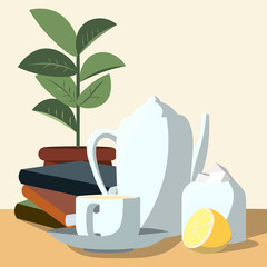 Tea set, indoor plants and a stack of books. Volumetric illustration.
