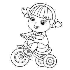 Coloring Page Outline Of a cartoon girl riding a Bicycle or bike. Coloring book for kids