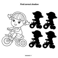 Puzzle Game for kids. Find correct shadow. Coloring Page Outline Of a cartoon girl riding a Bicycle or bike. Coloring book for children.