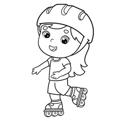 Coloring Page Outline Of cartoon girl on the roller skates. Coloring book for kids