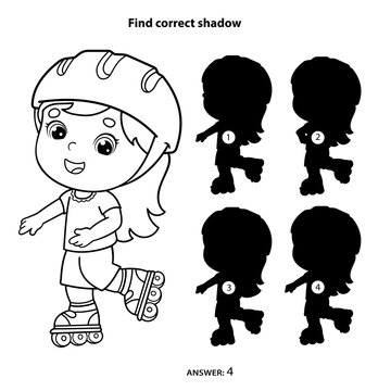 Puzzle Game for kids. Find correct shadow. Coloring Page Outline Of cartoon girl on the roller skates. Coloring book for children.