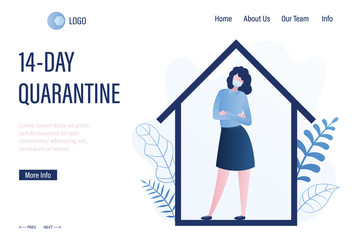 14-day quarantine landing page template. Businesswoman at home, protective mask on face. Self-isolation, suspected viral infection.