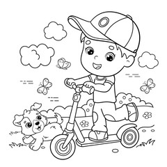 Coloring Page Outline Of cartoon boy on the scooter. Coloring book for kids