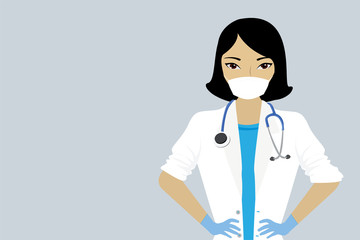 Fototapeta premium Cartoon female doctor or nurse close up. Beauty asian medical person in uniform, protective mask and gloves.