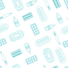 First aid kit semless pattern with medical treatment protection from corona virus covid. Set of antiseptic spray, wet wipes, medical mask, thermometer, antipyretic tablets. Flat vector illustration. 