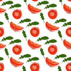 Seamless pattern with slices of tomato and arugula on a white background