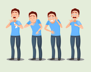 Obraz premium Sick man. symptoms: pain in the stomach, headache, sore throat, runny nose, cough. Cartoon vector illustration. 