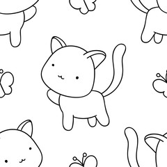 Simple seamless pattern, black and white cute kawaii hand drawn cat doodles, coloring pages
