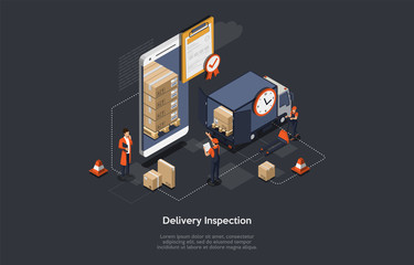 Isometric Delivery Inspection Concept. Customs Inspector Checks The Truck Loading And Accompanying Documents. Border Inspection With Working Staff, Smartphone, Truck With Goods. Vector Illustration