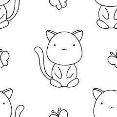 Simple seamless pattern, black and white cute kawaii hand drawn cat doodles, coloring pages