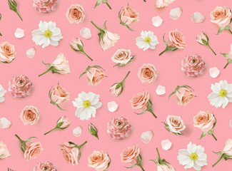 Floral seamless pattern made of pink flowers and rosebuds. Flat lay, top view. Valentines background. Flower background. Warm pattern of flowers. Flowers pattern texture. Happy Mothers Day.