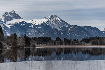 Landscape of a specular reflection in the lake, a dry grass, a cane and snags in the foreground, mountains and the forest on a background, ice on water, grass is covered with hoarfrost, tranquillity