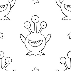 Simple seamless pattern, black and white cute kawaii hand drawn monster doodles, coloring pages