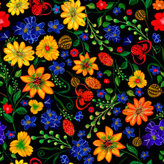 Bright flowers, leaves  drawn in gouache. Seamless pattern. Design of fabric, textile, bedding, curtains, wallpaper, background, packaging, covers, wrapping paper.