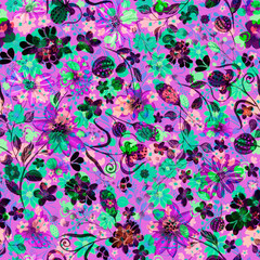 Fototapeta na wymiar Bright flowers, leaves drawn in gouache. Seamless pattern. Design of fabric, textile, bedding, curtains, wallpaper, background, packaging, covers, wrapping paper.