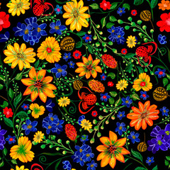 Bright flowers, leaves  drawn in gouache. Seamless pattern. Design of fabric, textile, bedding, curtains, wallpaper, background, packaging, covers, wrapping paper.