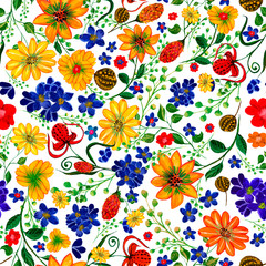 Fototapeta na wymiar Bright flowers, leaves drawn in gouache. Seamless pattern. Design of fabric, textile, bedding, curtains, wallpaper, background, packaging, covers, wrapping paper.