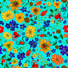 Bright flowers, leaves  drawn in gouache. Seamless pattern. Design of fabric, textile, bedding, curtains, wallpaper, background, packaging, covers, wrapping paper.