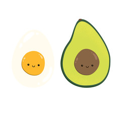 Сute happy egg and avocado. Vector cartoon character stock illustration isolated on a white background. Healthy eating concept. For the design of card, menu, poster, fabric.