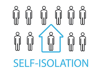 Coronavirus. Self isolation. Home quarantine from Covid-19. Recomendation to prevent spreading coronavirus. Crowd of people and a man isolated at home. Vector illustration, poster to informate people.