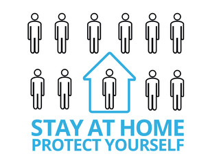 Stop coronavirus. Self isolation. Home quarantine from Covid-19. Recomendation to prevent spreading coronavirus. Crowd of people and a man isolated at home. Vector illustration, poster. Stay at home.