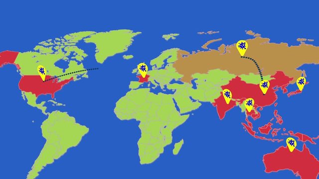 Coronavirus 2019-nCov flu spreading on basic map infographic. Start pandemic from China to aroud the world. Asian flu outbreak and coronaviruses influenza as dangerous flu strain cases as a pandemic.