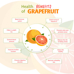 Health Benefits of grapefruit. Grapefruits nutrients infographic template vector illustration. Fresh Fruits