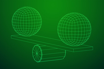 Simple seesaw scales weighing big and small abstract spheres. Balance, comparison and equality concept. Wireframe low poly mesh vector illustration